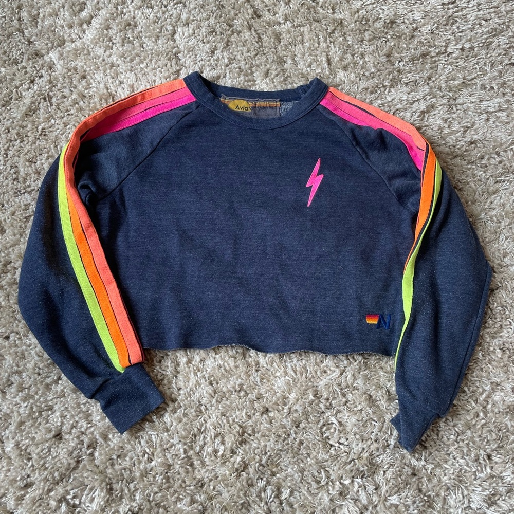 AVIATOR NATION Bolt Crop 5 Stripe Sweatshirt- Heather Navy/Neon Stripes- Size XS